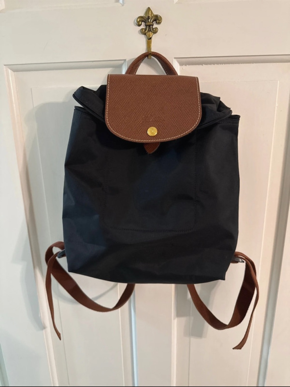 Longchamp Black Nylon Backpack with Brown Leather Flap